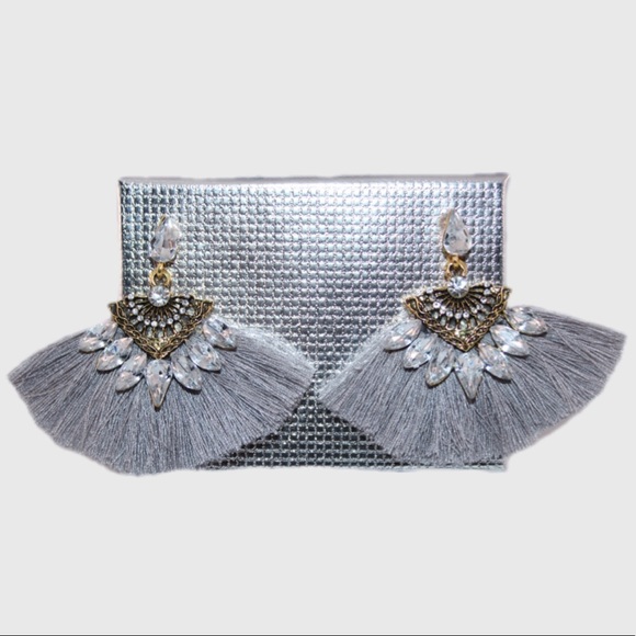 Gray Bohemian Gem Tassel Dangling Earrings Set - Picture 2 of 6